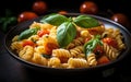 A plate of pasta with tomatoes and basil. Generative AI Royalty Free Stock Photo