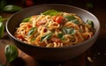 A plate of pasta with tomatoes and basil. Generative AI Royalty Free Stock Photo