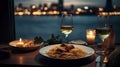 A plate of pasta and wine on a table with a view of the water and a bridge in the background. Generative AI