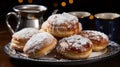 A plate of pastries with powdered sugar. Generative AI. Royalty Free Stock Photo