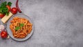 Plate Penne All`arrabbiata pasta and ingredients on gray background with copy space