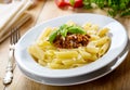 Plate of penne pasta with bolognese sauce Royalty Free Stock Photo