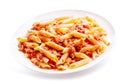Plate of penne pasta bolognese on white background Royalty Free Stock Photo