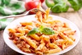 Plate of penne pasta bolognese Royalty Free Stock Photo