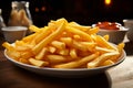 Plate of perfection, French fries tempt on a rustic wooden surface Royalty Free Stock Photo