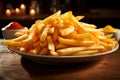 Plate of perfection, French fries tempt on a rustic wooden surface Royalty Free Stock Photo