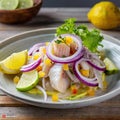 A plate of Peruvian ceviche fish.