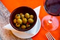 Plate of pickled green olives without stone, spanish appetizer - Olivas verdes sin hueso Royalty Free Stock Photo