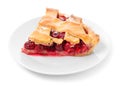 Plate with piece of delicious cherry pie on white background