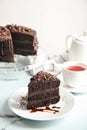 Plate with piece of delicious chocolate cake and cup of tea on light table Royalty Free Stock Photo