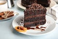 Plate with piece of delicious chocolate cake on light table Royalty Free Stock Photo