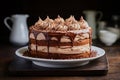 Plate with piece of delicious chocolate cake on wooden table. Close-up. AI Generated Royalty Free Stock Photo