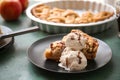 Plate with piece of tasty apple pie and ice-cream on table