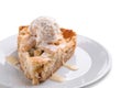 Plate with piece of tasty apple pie and ice-cream on white background