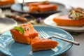 Plate with piece of tasty pumpkin pie on table, closeup Royalty Free Stock Photo