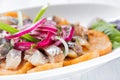 Plate of pieces of herring with fried potato,onion and salad. Close up image with selective focus Royalty Free Stock Photo