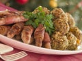 Plate of Pigs in Blankets and Chestnut Stuffing