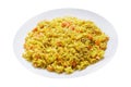 plate of pilaf with meat and vegetables on white background