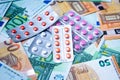 Plate with pills on the background of euro bills Royalty Free Stock Photo