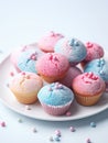 Plate of pink and blue cupcakes.