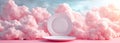 plate among pink clouds, in the style of minimalist stage designs, rim light, poster, large format lens