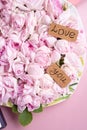 Plate of pink fresh fragrance roses  with  ` love you` sign around double pink  background. romantic and beauty concept  . flat la Royalty Free Stock Photo