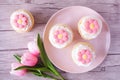 Plate of pink spring flower cupcakes Royalty Free Stock Photo