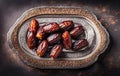 Plate of pitted dates on a dark wooden background. Top view