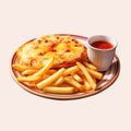 Retrocore Pizza And Chips On Plate With Fries - Hyper-realistic Oil Painting