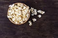 A plate of popcorn on a brown table , top view.