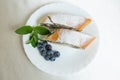 On the plate is a poppy seed cake, blueberries and mint leaves Royalty Free Stock Photo