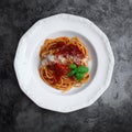 Plate with a portion of delicious italian spaghetti with sauce bolognese with fresh basil leaves and grated parmesan cheese on the Royalty Free Stock Photo