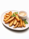 Plate of potato wedges with cheese sauce.