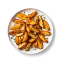 Plate of potato wedges on white background.