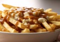 Plate of poutine traditional canadian unhealthy snack on table.Macro.AI Generative