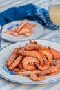 Plate with prawns on a blue and white table and background Royalty Free Stock Photo