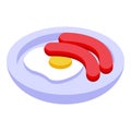 Plate presenting sausage links lying on fried egg with yolk Royalty Free Stock Photo