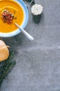 A plate of pumpkin soup with a jamon Royalty Free Stock Photo