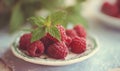 A plate of raspberries with a green leaf on top Royalty Free Stock Photo