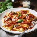 plate of ravioli with sauce and fork - AI MidJourney