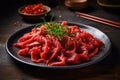 Plate Of Raw Beef Fillet Strips. Generative AI Royalty Free Stock Photo