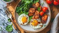 Plate with red fish spinach and eggs, keto diet. Selective focus.