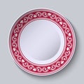 Plate with red ornamental border. Design template in ethnic style Chinese porcelain painting. Royalty Free Stock Photo