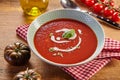 Plate of red tomato cream soup from high angle Royalty Free Stock Photo