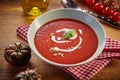 Plate of red tomato cream soup Royalty Free Stock Photo