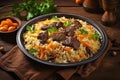 A plate of rice with meat and carrots. Uzbec plov, pilaf dish.