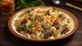 A plate of rice with meat and vegetables. Uzbec plov, pilaf dish.