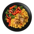Plate with rice pilaf and meat on white, top view