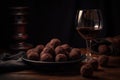 plate of rich chocolate truffles with glass of fine red wine