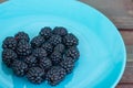 Plate with Ripe fresh organic blackberry on a wooden background.